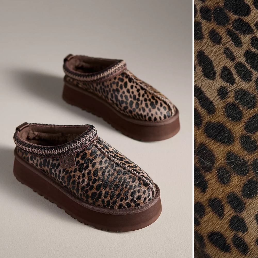 NIB UGG Platform Tazz Caspian Leopard Mules Calf Hair Brown Sz 8 Anthropologie
